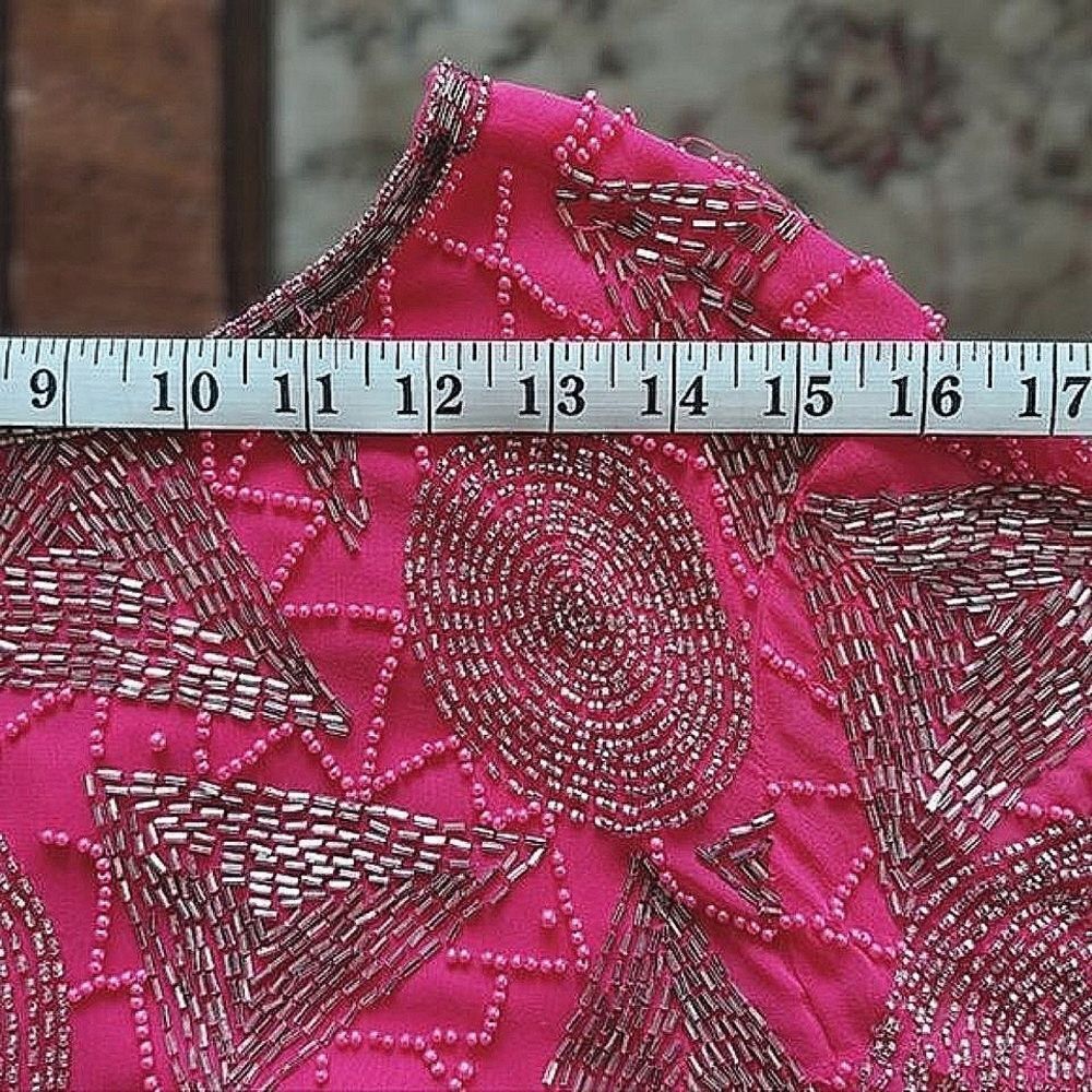 Vtg fuschia beaded silk half sleeve boat neck V back blouse - Picture 7 of 16